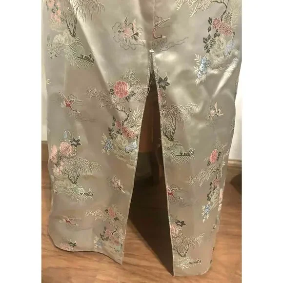 Vtg Gold Asian Satin Brocade Long Cheongsam Robe Jacket Embroidered Floral Sz XL - Picture 10 of 13